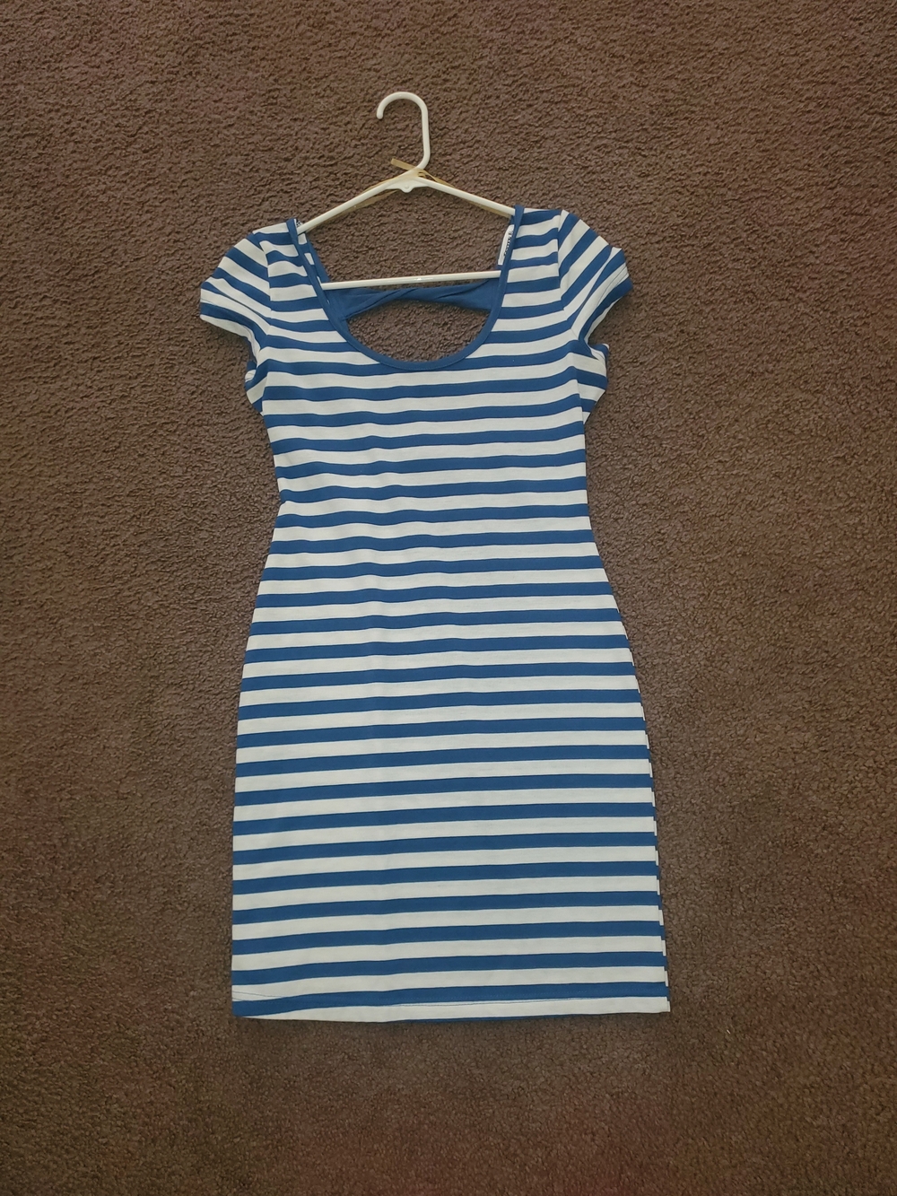 Striped Blue and White Scoop Back Cap Sleeve Dress